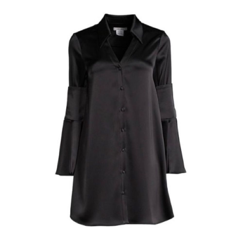 Alice + Olivia Halima Double Cuff Satin Shirtdress Tuxedo $395.00